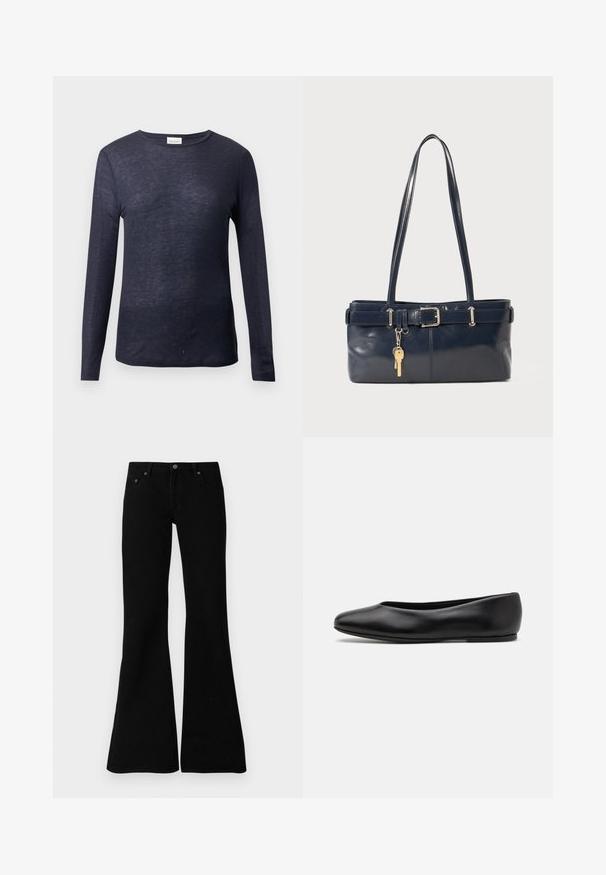 Marineblauwe T-shirt met lange mouwen en een ronde halslijn, zachte textuur, lichte stof en een comfortabele pasvorm. Merklabel zichtbaar bij de halslijn.; Zwarte flare jeans van denim, met een klassiek vijf-pocket ontwerp, knoopsluiting en subtiele stiksels langs de naden.; Paul Smith TOPANGA - Ballerina's - black; Marine leren handtas met twee lange hengsels, een gespdetail en een sleutelhanger eraan bevestigd. Heeft een gladde textuur en een rechthoekige vorm.
