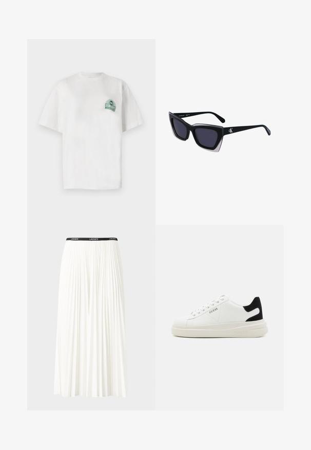 Camiseta de algodón blanca con mangas cortas y cuello redondo. Presenta un estampado gráfico verde en el lado izquierdo del pecho.; Falda blanca plisada con una cinturilla elástica negra que presenta el logotipo "LACOSTE". Diseño de longitud media con textura suave.; Zapatillas blancas de cuero con una suela blanca gruesa, acento en el talón de ante negro y logo grabado en el lateral. Diseño de cordones con seis ojales.; Gafas de sol negras de gran tamaño con una forma geométrica, que presentan lentes oscuros y un detalle gris contrastante en la montura. Logo en la pata.