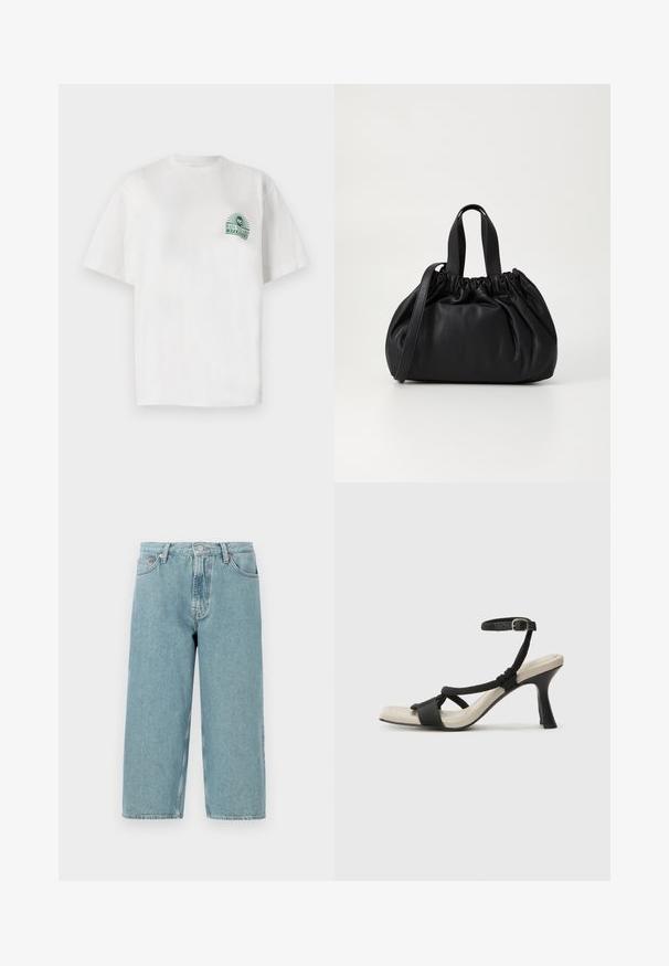 Biela bavlnená tričko s krátkym rukávom a okrúhlym výstrihom. Na ľavestrane hrude je farebná grafika v zelenej farbe.; Svetlomodré džínsové kraťasy s vysokým pásom, priame strih a nerovný lem. Obsahujú klasické zapínanie na gombík a zips, štyri vrecká.; Čierne sandále na podpätku s pleteným pásikom, štvorcovou špičkou a nastaviteľným remienkom okolo členka. Svetlobéžová stielka s lesklým čiernym podpätkom.; Čierna kožená kabelka so zberaným vrchom, s dvoma krátkymi držadlami a dlhým nastaviteľným popruhom. Hladká textura, zaoblený tvar.
