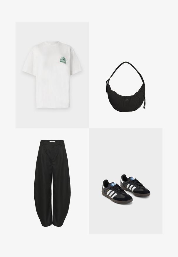 White cotton t-shirt with short sleeves and a round neckline. It features a green graphic print on the left chest.; Black high-waist wide-leg pants with pleats, belt loops, and a concealed front closure, designed by Gestuz.; Black sneakers with a suede and synthetic upper, featuring three white stripes, textured rubber sole, and blue logo tag on the tongue.; Black shoulder bag with a curved design, padded fabric, adjustable strap, and subtle logo. Features a zippered compartment and textured accents.