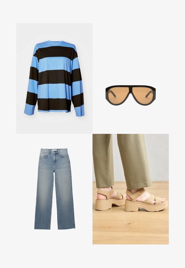 Tricou cu mânecă lungă, cu dungi orizontale în culoarea albastru deschis și negru. Fabricat dintr-un material moale, cu o croială lejeră și decolteu rotund.; Jeans de blugi de culoare albastru deschis, cu picioare largi, realizate din denim, având talie înaltă, buzunare frontale și închidere cu nasture. Textură netedă cu zone estompate.; Sandale platform din suede bej, cu curele late și o talpă masivă. Au curea ajustabilă la spate și un profil texturat pentru aderență.; Ochelari de soare negri supradimensionați, cu lentile maro, având rame largi și unghiulare și brațe drepte. Finisaj neted, lucios, cu minim de accesorii.; Geantă din piele maro, tip crossbody, cu o formă curbată, accesorii aurii și un accent cu cataramă. Dispune de un curea de umăr detașabilă.
