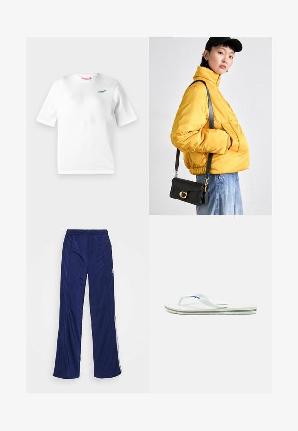 Camiseta de algodón blanca de manga corta. Presenta un logo verde en el pecho que dice "LA LUNA". Diseño clásico de cuello redondo.; Pantalones deportivos navy con cintura elástica, piernas rectas y cremalleras laterales. Presentan piping blanco a lo largo de los lados. Textura de tela suave.; Chancla blanca con una plantilla texturizada, tiras delgadas y una línea de acento multicolor en la suela. Presenta un logo en la tira.; Chaqueta acolchada amarilla con cuello alto y bolsillo frontal, combinada con un bolso cruzado negro con herrajes dorados. Parte inferior de mezclilla informal.