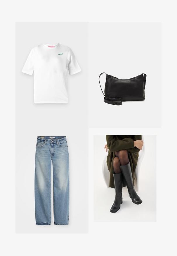 White cotton t-shirt with short sleeves. It features a green logo on the chest reading "THE MOON." Classic crew neck design.; Light blue wide-leg jeans made of denim. Features a button and zip fly, five pockets, and a faded finish with a slightly distressed hem.; Knee-high black leather boots with a squared toe and block heel, shown with a model seated in an olive green coat. Smooth texture, minimal detailing.; Black leather shoulder bag with a smooth texture, curved shape, adjustable strap, and a zip closure. Minimalist design without embellishments.