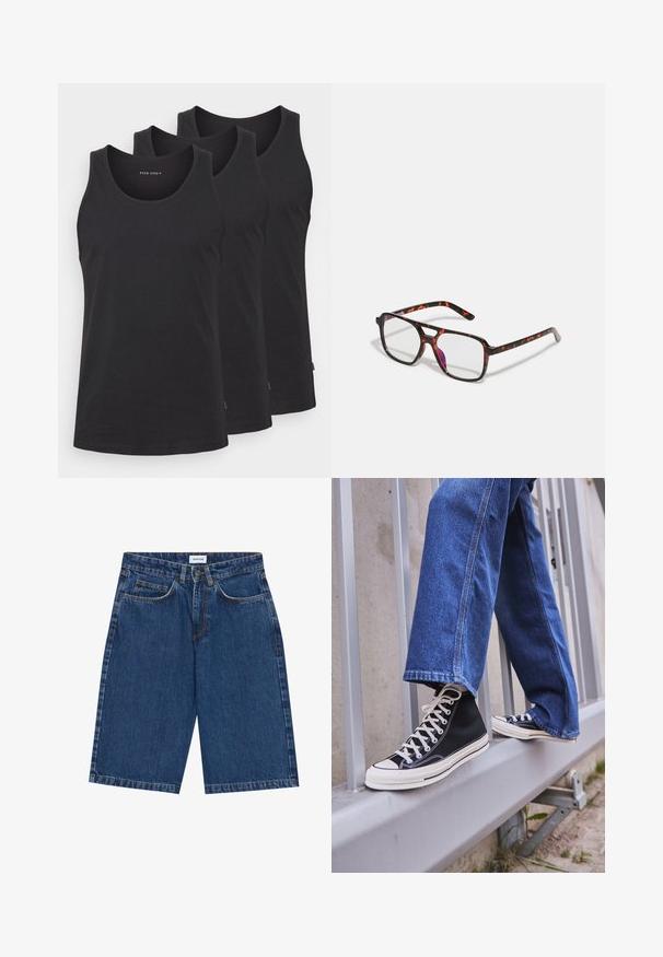 Svart bomullstopp i en uppsättning av tre. Har rund halsringning, är ärmlös och har en rak nederdel. Slät textur, minimal varumärkeslogotyp.; Jean shorts i mörkblått med femficksdesign, rak passform och synliga sömnadsdetaljer. Slät textur och midja i normalhöjd.; Svarta högskurna sneakers med vit sula och snören, tillsammans med lösa blå jeans, vilande på ett grått räcke.; Sköldpaddsfläckiga glasögon med rektangulära linser, svarta och orange bågar, med en blank yta och smala skalmar.