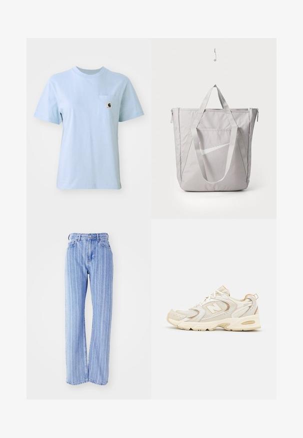 Tricou scurt din bumbac, de culoare albastru deschis, cu mânecă scurtă, având un mic buzunar pe piept cu etichetă logo. Gât rotund simplu, textură netedă.; Jeans din denim de culoare albastru deschis, cu dungi albe verticale, talie înaltă, croi lejer, cinci buzunare și închidere cu buton.; Încălțăminte sport bej cu plasă și suprapuneri sintetice, având o suprafață texturată, guler umplut și amortizare „ABZORB” la călcâi.; Geantă tote gri cu mânere întărite, buzunar frontal cu fermoar și logo-ul alb Nike swoosh. Fabricată dintr-un material durabil cu o textură netedă.