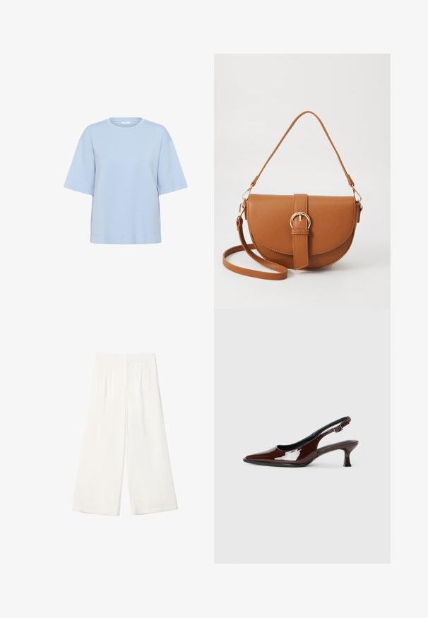 Světle modré oversized bavlněné tričko s krátkým rukávem, kulatým výstřihem a bočními rozparky. Hladká textura, minimalistický design, žádné viditelné ozdoby.; Bílé kalhoty s širokými nohavicemi vyrobené z hladkého materiálu. Mají plochý pas a vertikální záhyby pro přidaný detail.; Hnědé lakované kožené slingback boty s špičatou špičkou a mírným podpatkem. Disponují přezkou pro bezpečné upevnění. Hladký povrch.; Hnědá kožená křížová taška s zakřiveným tvarem, zlatými detaily a akcentem s přezkou. Obsahuje odnímatelný popruh na rameno.