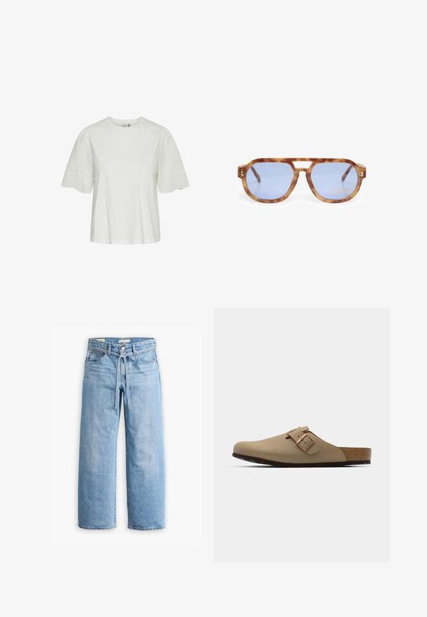 Biela bavlnená tričko s krátkymi, nariasenými rukávmi, ktoré obsahuje vyšívané kvetinové vzory a dierkované detaily na rukávoch. Štandardný strih okrúhleho výstrihu.; Svetlomodré riflové nohavice so širokými nohavicami a vysokým pásom, s gombíkom a zipsovým zapínaním a šnúrkou na páse. Úprava s prirodzeným okrajom.; Bežové dreváky s okrúhlou špičkou, nastaviteľnou sponou a korkovou stielkou. Textúrovaný povrch s čiernou gumovou podrážkou na lepšiu priľnavosť.; Slnkové okuliare z želvoviny s modrými sklami, uhlovým dizajnom, hrubým rámom a vyrezaným nosovým mostíkom; obsahujú zlatý akcent na spánku.
