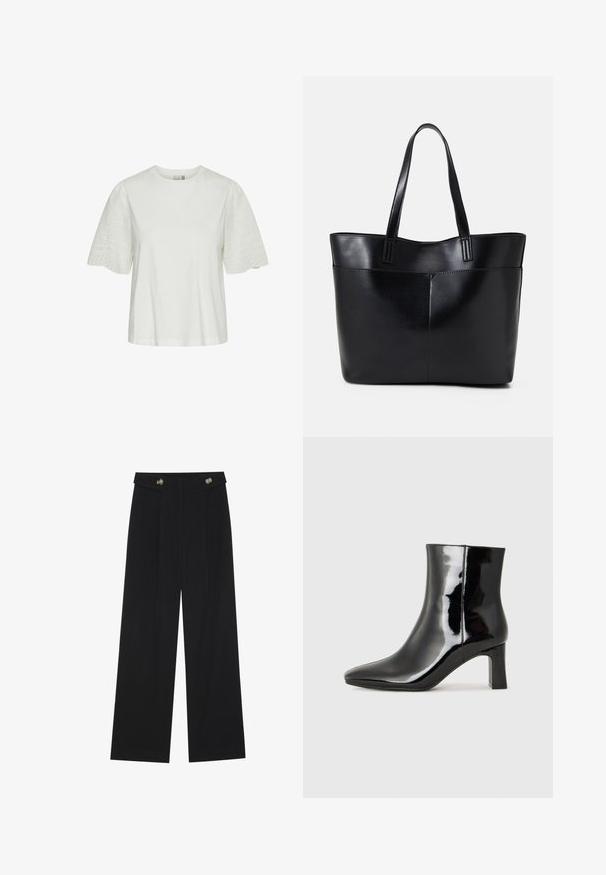 White cotton t-shirt with short, puffed sleeves featuring embroidered floral patterns and eyelet details on the sleeves. Standard crew neck design.; Black wide-leg trousers with high waist, button details on waistband, and front pleats.; Black patent leather ankle boot with a pointed toe and a mid-height block heel. Smooth texture and minimalist design.; Black leather tote bag with two long handles, a smooth texture, and a structured shape. Features a front pocket for additional storage.