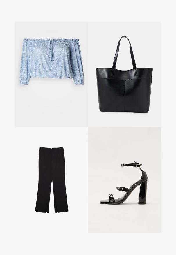 Blůza bez ramínek v světle modré barvě s texturovaným vzorem, nabíranými rukávy, stahovací šňůrkou na výstřihu a elastickým lemem.; Černé kalhoty s rovným střihem, s předními kapsami a bočními rozparky na lemu. Vyrobené z jemné, hladké tkaniny. Vhodné na různé příležitosti.; Černé lakované sandály na vysokém podpatku se dvěma pásky se sponami, čtvercovou špičkou a robustním blokovým podpatkem, s hladkou, lesklou texturou.; Černá kožená taška s dlouhými ušima, hladkým povrchem a strukturovaným tvarem. Obsahuje přední kapsu pro další úložný prostor.