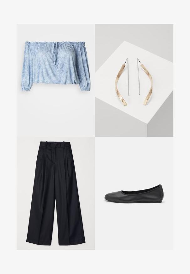 Sulhooppa-mallinen blusa vaaleansinisestä kankaasta, jossa on teksturoidut kuviot, kerätty hihansuu, nyöri kaula-aukossa ja elastinen helma.; Musta leveälahkeinen housut, jotka on valmistettu sileästä kankaasta. Niissä on korkea vyötärö, laskoksia ja räätälöity muotoilu. Yksinkertaiset mustat metalliosat vyötäröllä.; Musta nahkainen ballerina, jossa on pyöristetty kärki, sileä pinta, minimaalinen ommelkoristelu ja joustava pohjamuotoilu.; Kulta- ja hopeakarva korvakorut, joilla on kaareva, pitkänomainen muoto. Kiiltävä pinta, sileä tekstuuri ja minimalistinen muotoilu.
