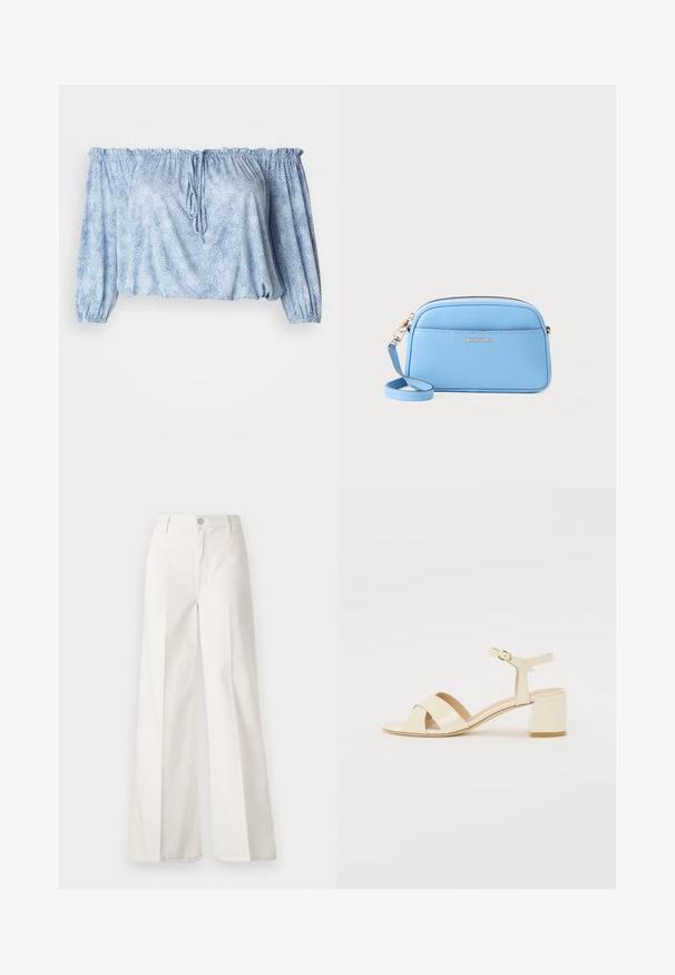 Bluză off-the-shoulder de culoare albastră deschisă, cu un model texturat, mâneci gathered, șnur la guler și elastic la tiv.; Pantaloni albi cu picioare largi, confecționați din bumbac cu o textură fină. Prezintă un buton în față, fermoar și un design cu patru buzunare.; Sandale cu toc din piele patent bej, cu un design cu curea încrucișată, vârf deschis, curea ajustabilă la gleznă și toc pătrat. Textură netedă.; Geantă de umăr din piele albastru deschis, cu accente aurii, închidere cu fermoar și un buzunar frontal. Dispune de o curea ajustabilă pentru confort.