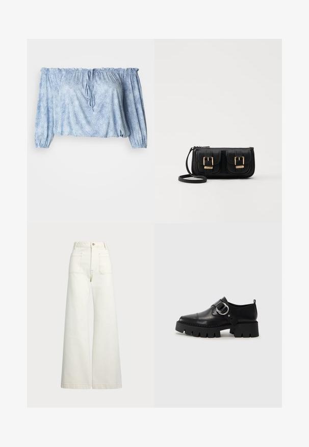 Šviesiai mėlyna off-the-shoulder palaidinė su tekstūruotu raštu, surinktomis rankovėmis, kaklo raišteliu ir elastingu apačia.; Plati kojinės džinsai of white denimo. Aukštas liemuo, su mygtuko uždarymu, dviem priekinėmis kišenėmis ir kontrastingai siuvinėjimu.; Juodos odinės bateliai su masyviu, grioveliuotu padu, su apvaliu sidabro detalės akcentu ir minimaliais siuvimo elementais.; Juodas odinis per petį nešiojamas krepšys su dviem priekiniais kišenėmis, auksiniais sagtimis, užtrauktuko uždarymu ir siauromis petnešomis. Textūruota paviršius ir kompaktiškas stačiakampis formatas.