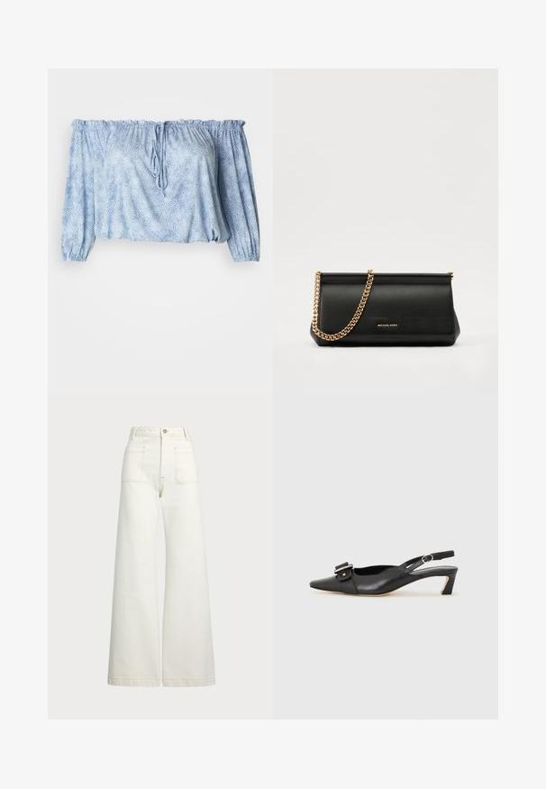 Šviesiai mėlyna off-the-shoulder palaidinė su tekstūruotu raštu, surinktomis rankovėmis, kaklo raišteliu ir elastingu apačia.; Plati kojinės džinsai of white denimo. Aukštas liemuo, su mygtuko uždarymu, dviem priekinėmis kišenėmis ir kontrastingai siuvinėjimu.; Juodas odinis slingback batelis su smailiu nosiu, maža pakulne ir dekoratyvine sagtimi viršuje. Lygus paviršius, minimalistas dizainas.; Juodas odinis delninukas su auksine grandine, turintis lygų paviršių, stačiakampį išmatavimą ir įspaustą prekės ženklą priekyje.