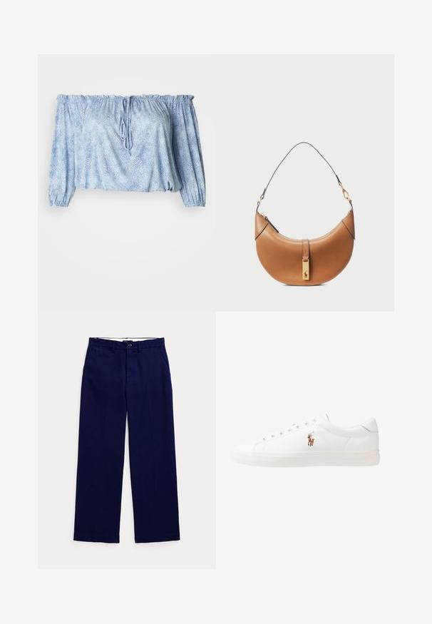 Gaišzila off-the-shoulder blūze ar teksturētu rakstu, ar savilktām piedurknēm, aukliņu ap kaklu un elastīgu apakšmalu.; Jūras zila taisna kāja bikses ar jostas cilpām, pogu aizdari un sānu kabatām uz vienkārša gaiša fona.; Baltas ādas sporta apavi, zema dizaina, ar gludu tekstūru, noapaļotu purngalu, ar auklēm priekšpusē un nelielu izšūtu logotipu sānos.; Brūnas ādas rokassomi ar izliekta formu, zeltīta aparatūra un plāns plecu siksniņš. Aprīkota ar rāvējslēdzēja aizdari un logo detaļu uz priekšpuses.