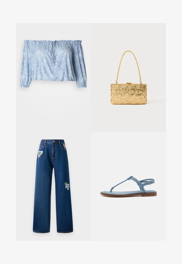 Avskjert bluse i lys blå med teksturert mønster, rynkede ermer, snor i halsen og elastisk kant.; Mørkeblå denim wide-leg bukser med to fargerike broderte lapper foran. Har standard lommer og synlige søm detaljer.; Blå lær thong sandal med flad sål, der har et slankt stropdesign og en spænde lukning ved anklen for en sikker pasform.; Gullfarget paljetter clutch med rektangulær form, utstyrt med en tvunnet kjedehåndtak og en metallspenne, som reflekterer lys med en teksturert overflate.