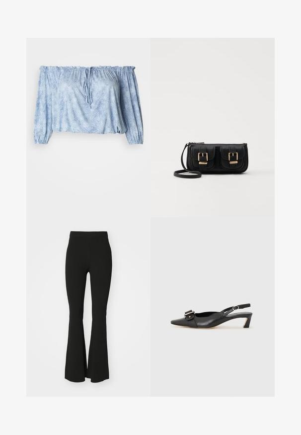 Off-the-shoulder blus i ljusblått med strukturerat mönster, rynkade ärmar, dragsko vid halsringningen och elastisk fåll.; Svarta flarebyxor i stretchtyg med hög midja och en slät, odekorerad yta. Enkelt och figurnära design.; Svart lädersko med slingback, spetsig tå, liten klack och dekorativ spänndetalj på ovansidan. Slät struktur, minimalistisk design.; Svart läderaxelväska med två framfickor, guldspännen, dragkedjestängning och en smal rem. Texturerad yta och kompakt rektangulär form.
