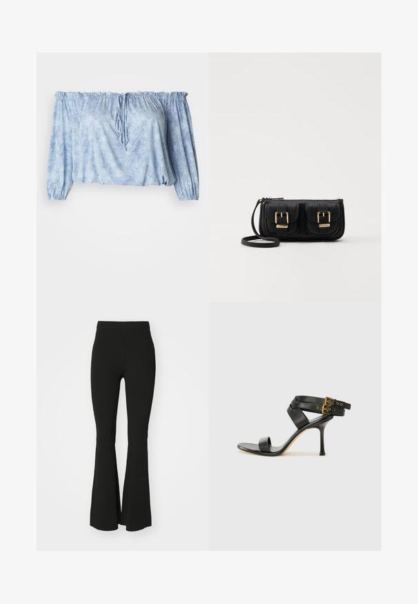 Gaišzila off-the-shoulder blūze ar teksturētu rakstu, ar savilktām piedurknēm, aukliņu ap kaklu un elastīgu apakšmalu.; Melni zviedri bikses, kas izgatavotas no stiepļu auduma, ar augstu jostasvietu un gludu, neizšūtā virsma. Vienkāršs un pieguļošs dizains.; Melna augsta papēža sāndele ar krustotiem siksniņām un regulējamu sprādzi. Iespēlēts gluds tekstūra un pakāpenisks stiletto papēdis.; Melnas ādas crossbody soma ar divām priekšējām kabatām, zelta sprādzēm, ar rāvējslēdzēju aizdari un šauru siksnu. Strukturēta virsma un kompakta taisnstūra forma.