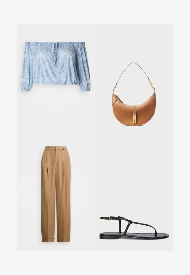 Off-shoulder bluse i lys blå med tekstureret mønster, samlet ærmer, snøre i halsen og elastisk kant.; Beige skræddersyede bukser med høj talje, plisseret front, tapered ben og opfoldede manchetter. Glat stof med en raffineret tekstur.; Sort flad sandal med et minimalistisk design. Har tynde stropper, en tæerem, guldhardware og en glat, tekstureret sål.; Brun læder håndtaske med en buet form, guldbelægning og en tynd skulderrem. Har en lynlåslukning og logo detalje foran.