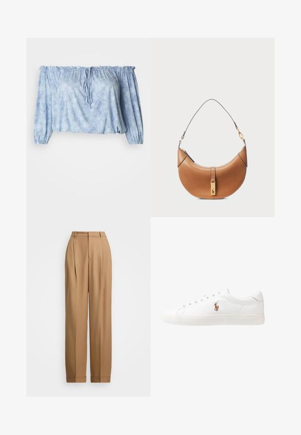 Blusa off-the-shoulder azzurra chiara con motivo testurizzato, maniche arricciate, coulisse al collo e orlo elastico.; Pantaloni beige su misura con vita alta, fronte plissettato, gambe affusolate e risvolti. Tessuto liscio con una texture raffinata.; Sneakers in pelle bianca, design low-top, caratterizzati da una texture liscia, punta rotonda, chiusura con lacci e un piccolo logo ricamato sul lato.; Borsa a tracolla in pelle color nocciola con forma curva, hardware dorato e tracolla sottile. Presenta una chiusura con zip e dettagli con logo sulla parte anteriore.