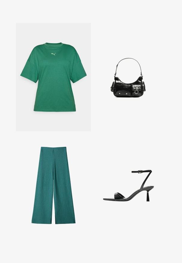 Zöld, oversized póló, puha anyagból, kerek nyakkal és rövid ujjakkal. A mellrészen világoszöld kis logó díszíti.; Tarkékony, széles lábú nadrág textúrált, bordázott anyagból. Magas derekú, teljes hosszal és laza szabással rendelkezik, tökéletes mindennapi viselethez.; Bershka Magas sarkú szandálok - black; Fekete lakkbőr kézitáska ívelt formával, egy vállpánttal, elülső zsebekkel és ezüstszínű fémrészletekkel.