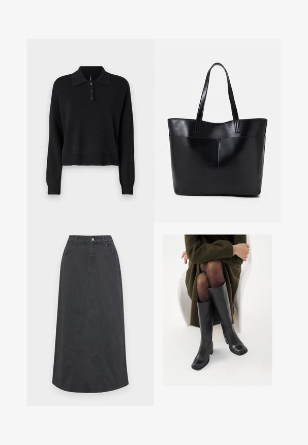 Schwarzer gestrickter Polopullover mit langen Ärmeln, einem flachen Kragen und einem Knopfverschluss mit drei Knöpfen. Mit gerippten Bündchen und Saum.; Schwarzer Jeansrock mit geradem Schnitt, ausgestattet mit einem Frontpaneel, zwei Taschen, Gürtelschlaufen und einem Knopfverschluss am Bund.; Knöchelhöhe schwarze Lederstiefel mit quadrater Spitze und Blockabsatz, gezeigt mit einem Modell, das einen olivgrünen Mantel trägt. Glatte Textur, minimale Details.; Schwarze Leder-Shopper-Tasche mit zwei langen Griffen, einer glatten Textur und einer strukturierten Form. Verfügt über eine Vordertasche für zusätzlichen Stauraum.