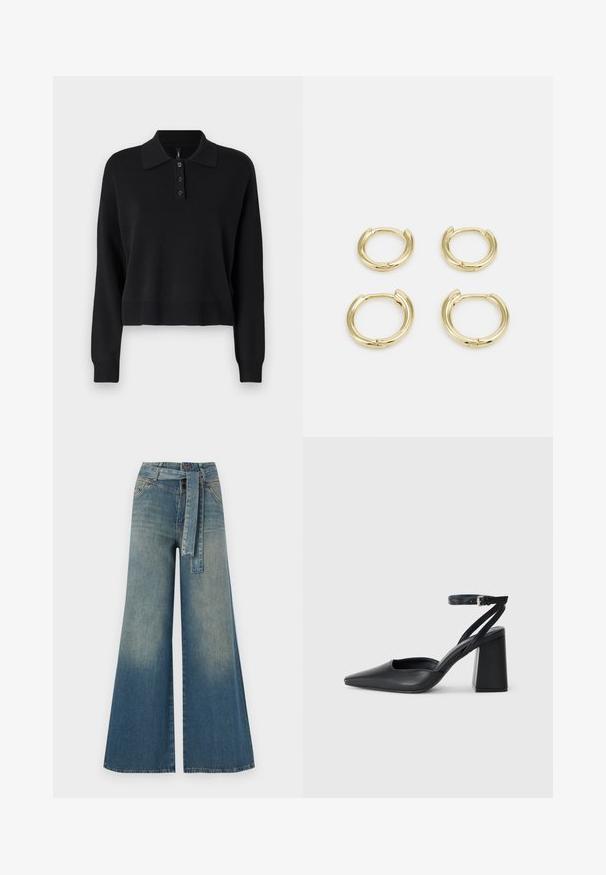 Melna adīta polo džemperis ar garām piedurknēm, plakanu apkakli un trīs pogu aizdari. Iekļauj ribotas piedurknes un apakšu.; Platām kājām džinsu bikses ar gaismas līdz tumši zilam gradientam, augstu jostas līniju, jostas cilpām un atbilstošu auduma jostu. Tekstūrēts džinsas apdare.; Melna ādas augstpapēžu kurpe ar norakstīto purngala formu, potītes siksniņu un masīlu papēdi. Gluda tekstūra, elegants dizains un minimālisma estētika.; Zelta gredzenu auskari, četri gabali, gluda virsma, noapaļota forma, dažādu izmēru, ar eņģu aizdari ērtai valkāšanai.