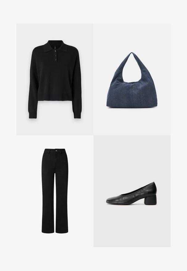 Black knitted polo sweater with long sleeves, a flat collar, and three-button placket. Features ribbed cuffs and hem.; Black, high-waisted trousers with a straight leg design, made from smooth cotton fabric. Features front pockets and a simple metal button closure.; Black leather pump with a rounded toe and mid-block heel. Smooth texture with minimal detailing, featuring a subtle elastic opening.; Dark blue denim bag with a soft, slouchy shape, featuring a hobo-style handle and textured surface. No visible hardware accents.