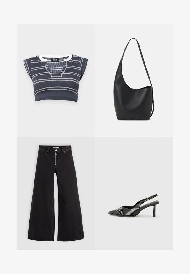 Navy blue cropped top with white horizontal stripes, ribbed texture, short sleeves, and a V-neckline featuring button details.; Wide-leg jeans in black denim with a zippered front, five-pocket design, and subtle stitching details. Smooth texture and casual style.; Black patent leather slingback shoe with pointed toe, ankle straps featuring silver buckles and hardware, and a slender heel.; Black leather hobo bag with a smooth texture, curved shape, and single adjustable strap; features a wide opening at the top.