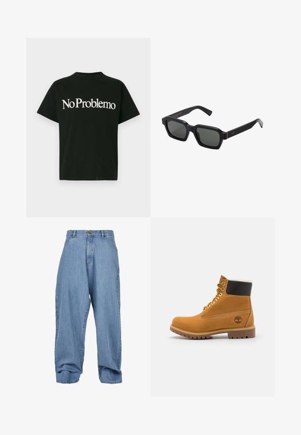 Crna majica kratkih rukava s bijelim natpisom "No Problemo" centriranim na prednjoj strani na svijetloj jednostavnoj pozadini.; Svijetloplave traperice s opuštenim krojem, kopčanje na gumb, prednji džepovi i manžetna, s klasičnim dizajnom od pet džepova.; Smeđi kožni gležnjača sa metalnim okovima, bijelim krznom obloženim unutrašnjim dijelom, crnim podstavljenim okovratnikom, robusnom potplatom i utisnutim logoom na strani.; Crne, četvrtaste sunčane naočale s sivim lećama. Debeli plastični okviri imaju zlatne naglaske i brendiranje na sljepoočnicama. Glatka tekstura.