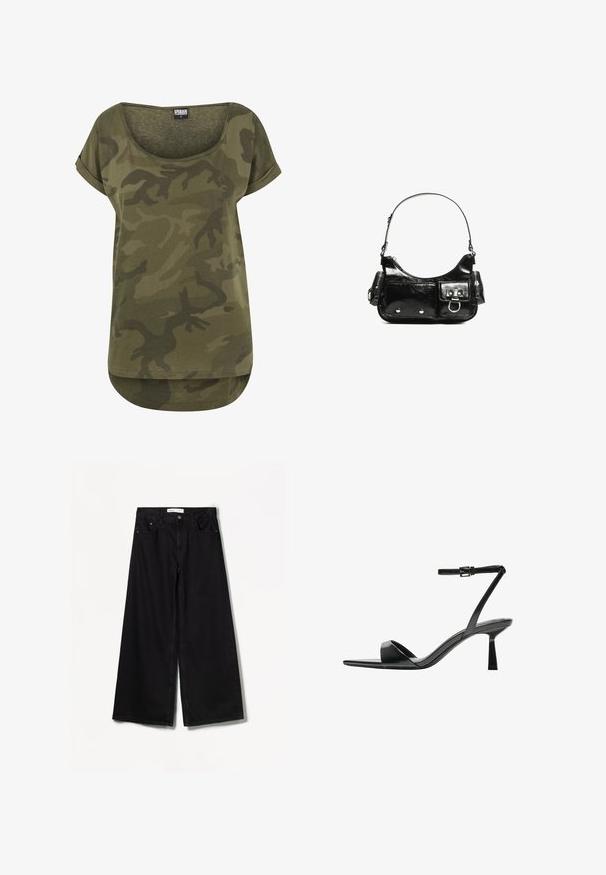 Tílko v olivově zeleném maskovacím vzoru vyrobené z měkké látky, s kulatým výstřihem, krátkými ohrnutými rukávy a zakřiveným lemem.; Bershka WIDE-LEG - Wide leg - black; Bershka Sandály na vysokém podpatku - black; Černá lakovaná kožená kabelka s křivkovým tvarem, jedním ramenním popruhem, předními kapsami a stříbrnými kovovými detaily.