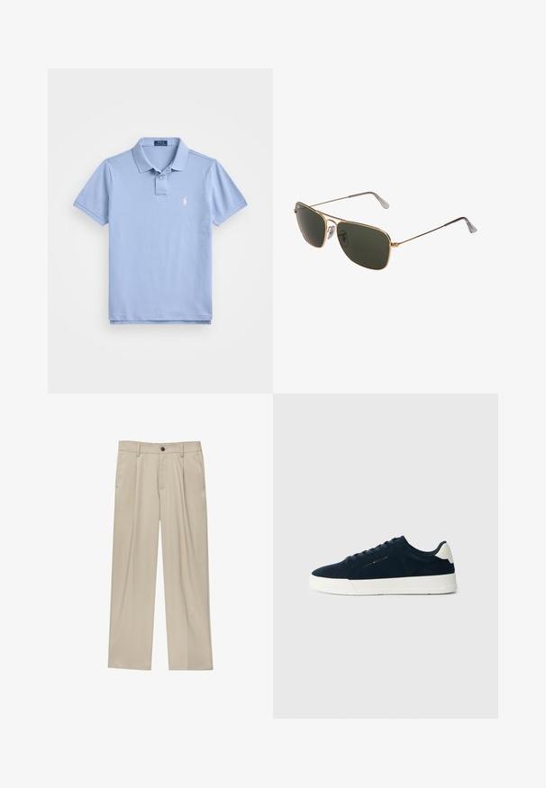 Polo Ralph Lauren THE ICONIC MESH POLO SHIRT - Polotričko - vessel blue; Béžové kalhoty klasického střihu, se jedním černým knoflíkem, poutky na opasek a bočními kapsami. Hladká textilie a minimalistický design.; Námořnické semišové tenisky s bílou gumovou podrážkou, kulatou špičkou a kontrastním poutkem na patě; obsahují tonální tkaničky a detail loga na boku.; Zlaté kovové pilotky s velkými tmavě zelenými čočkami, s tenkým rámem a transparentními nosními polštářky pro pohodlí.