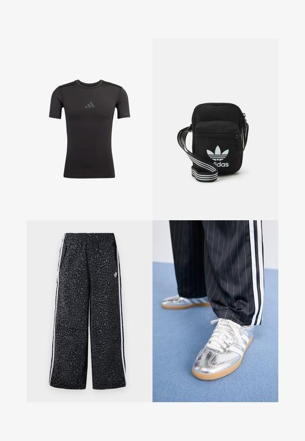 Černé sportovní tričko vyrobené z elastické látky. Má krátké rukávy a kulatý výstřih. Na hrudi je tištěné nenápadné logo.; adidas Originals GRAPHIC UNISEX - Teplákové kalhoty - black; Metalické stříbrné tenisky s bílými tkaničkami a třemi bílými pruhy, doplněné černými kalhotami s tenkým proužkem. Gumová podrážka na spodní straně.; Černá crossbody taška z látky se zipovým uzávěrem, obsahující bílé logo Adidas a pruhovaný nastavitelný popruh pro snadné nošení.