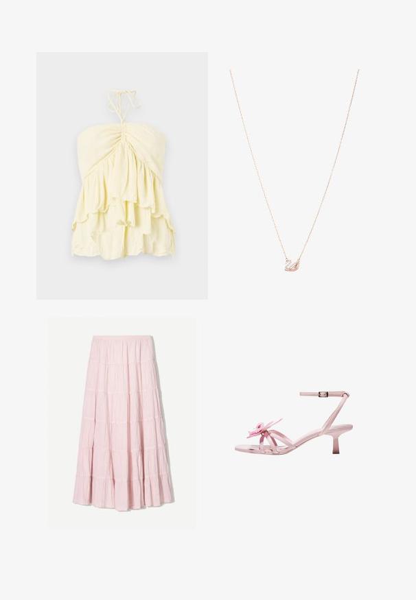 Sárga pánt nélküli top, redőzött fazonnal, réteges rátétekkel. Könnyű anyagból készült, puha tapintással. Nyaknál megkötős.; Világos rózsaszín, réteges maxi szoknya struktúrált, könnyű anyagból. Rugalmas derékrész és lebegő szegély fodros részletekkel.; Rózsaszín lakkbőr magas sarkú szandál virágmintával a lábujjakon, állítható bokapánttal és karcsú, rövid sarokkal.; Rózsaarany nyaklánc hattyú medállal, amelyet tiszta kristályok díszítenek. A lánc finom láncszemes kialakítású.