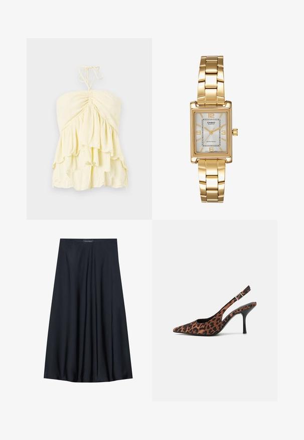Gul utan axelband-topp med samlad båge, som har lager av volanger. Tillverkad av ett lätt tyg med mjuk struktur. Knyts i nacken.; Svart, knälång kjol i lättviktsmaterial med ett flowy design. Har en mjuk textur och subtila veck för extra detalj.; Slingback högklackade skor med leopardmönster, spetsig tå, svart blank häl och justerbart vristband. Mjuk material med en texturerad yta.; Guldtonad rektangulär armbandsklocka med en vit urtavla, silvertonade timmarkörer och ett hållbart metallarmband. Vattentålig funktion ingår.