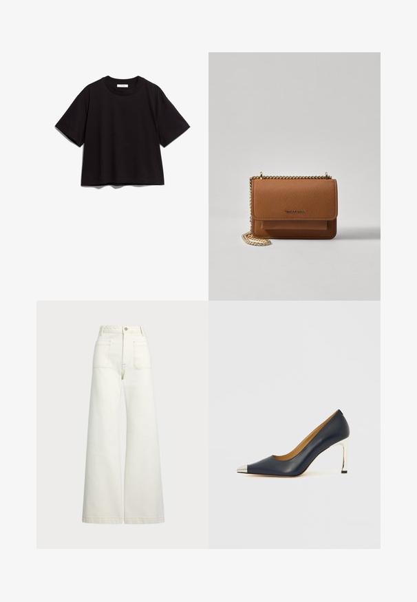 Svart bomullskortermet t-skjorte med rund hals. Har en avslappet passform og et enkelt, udekorerte design.; Vidde bukser i off-white denim. Høyt liv-design med knappelukking, to frontlommer og kontrastsøm detaljer.; Marineblå høyhælte skinnsko med spiss tå, som har en sølvfarget metallhatt og en blank sølvfarget stiletthæl.; Brun teksturert lær crossover-veske med gullkjede-stropp og klaffelukking. Fronten har logo-detalj og en lomme under klaffen.