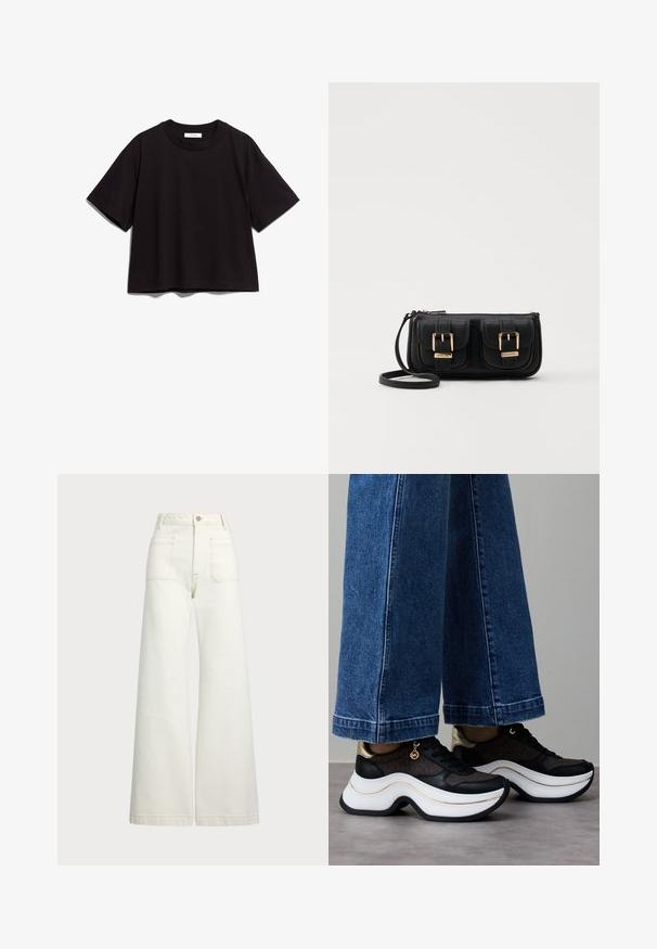 Black cotton crop t-shirt with a round neckline and short sleeves. Features a relaxed fit and simple, unembellished design.; Wide-leg jeans in off-white denim. High-waisted design with a button closure, two front pockets, and contrast stitching details.; Black and gold sneakers with a curved white sole. Textured fabric with logo accents. Paired with wide blue denim pants.; Black leather crossbody bag with two front pockets, gold buckles, zipper closure, and a slim strap. Textured surface and compact rectangular shape.