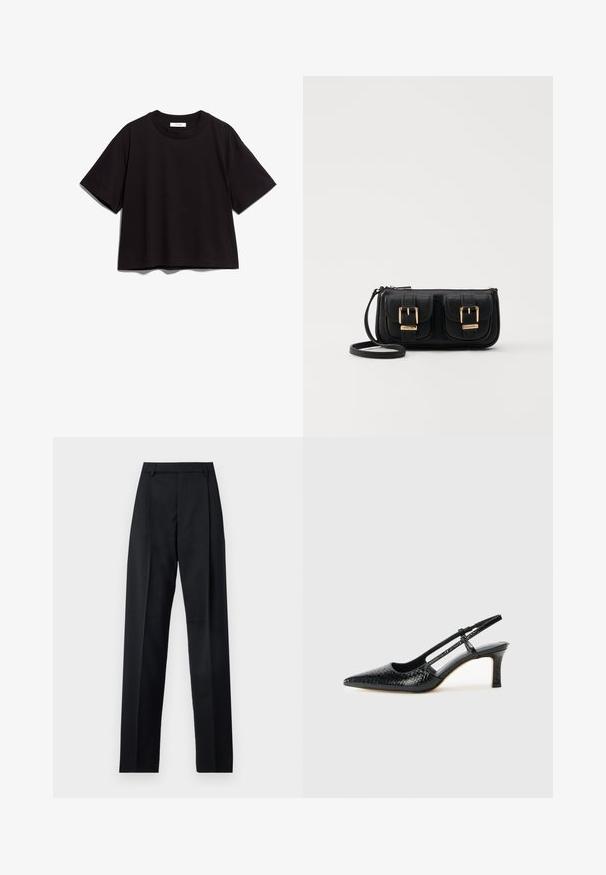 Melnas kokvilnas īsām piedurknēm kreklis ar apaļu kakla izgriezumu. Tam ir brīvs piegriezums un vienkāršs, neizpušķots dizains.; Melnas bikses, izgatavotas no gludas auduma, ar augstu vidukli, platiem bikšu galdniekiem, priekšējiem krokām un klasiskām jostu cilpām. Sānu kabatas nav redzamas.; Melna patent āda ar slīdošo papēdi un smailo purngalu, ar teksturētu čūsku drukājumu, regulējamu siksniņu un īsu teksturētu blokpapēdi.; Melnas ādas crossbody soma ar divām priekšējām kabatām, zelta sprādzēm, ar rāvējslēdzēju aizdari un šauru siksnu. Strukturēta virsma un kompakta taisnstūra forma.