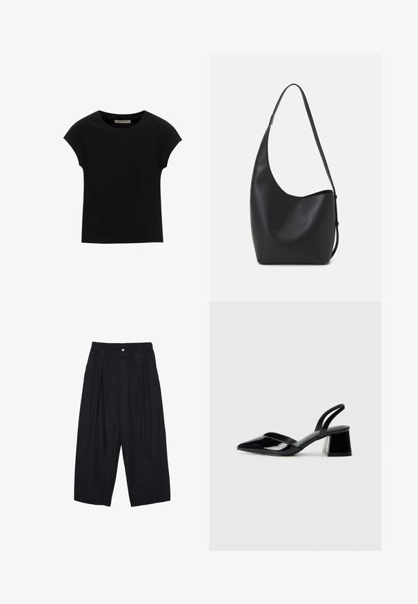 Sort t-shirt med korte ærmer lavet af blødt stof, med rund halsudskæring og en afslappet pasform, med en glat tekstur og uden mønstre.; Sorte polyester culotte bukser med elastisk talje, to forpiber og en løs silhuet. Ingen synlige mønstre eller hardware detaljer.; Sorte patentlæder slingback hæle med spids tå og en geometrisk blok hæl. Har et elegant, minimalistisk design og en glat tekstur.; Sort læder hobo taske med en glat overflade, buet form og en enkelt justerbar rem; har en bred åbning øverst.