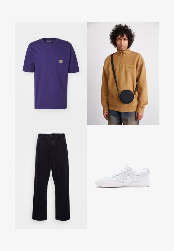 Carhartt WIP POCKET - Paprasti marškinėliai - aura; Juodi džinsiniai kelnių modeliai su tiesia kojų forma, turintys sagą ir užtrauktuką, diržo kilpos ir minimalūs siuvimo detalės.; Baltos odinės sportinės bateliai su žemu dizainu, apvaliu toe, perforuotais detalėmis ir kalta apačia. Įtrauktos raišteliai ir subtilūs siuvinėjimo akcentai.; Rudas ketvirčio užtrauktuko vilnos švarkas su siuvinėtu logotipu, derinamas su juodu apvaliu per petį nešiojamu krepšiu su užtrauktuku ir logotipo detale, dėvimas virš džinsų.