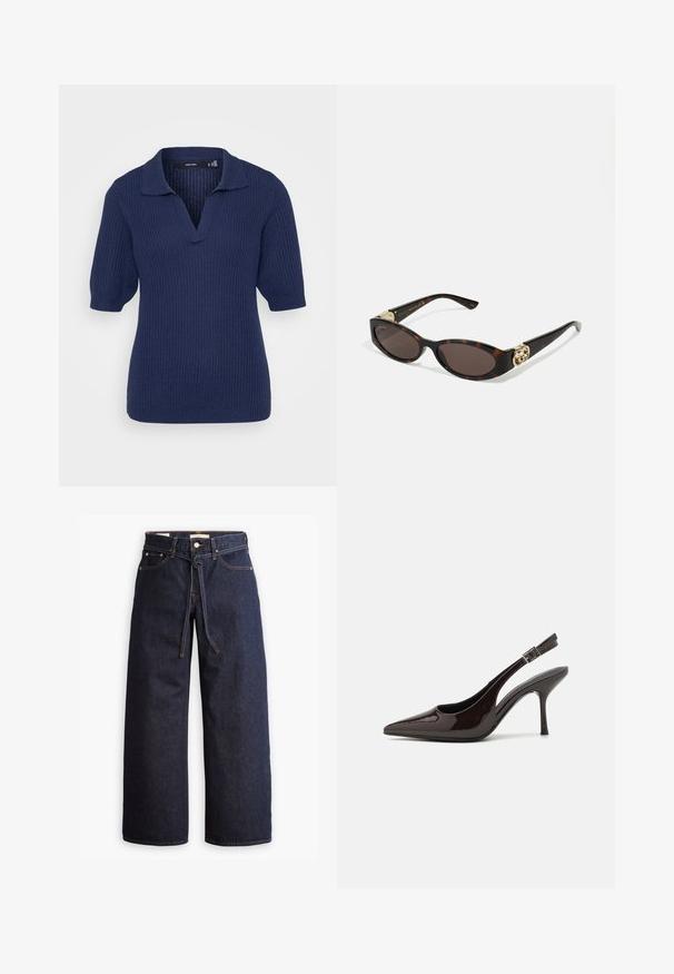 Tamsiai mėlynas megztas polo marškinėliai trumpomis rankovėmis su V formos iškirpte ir ruginiu audiniu. Turi klasiką apykaklę ir šiek tiek puffed rankovėmis.; Plačios kojų tamsiai mėlynos džinsinės kelnės su aukštu liemeniu, turinčios raištį, penkias kišenes ir kontrastingas siūles.; Blizganti tamsiai ruda lakinės odos aukšto kulno bateliai, smailus nosis, atviros šoninės dalys ir reguliuojamas kulkšnies dirželis.; Tortoise kiaurinių saulės akinių su pailgomis ovalo formos lęšiais, rudos spalvos atspalviu, auksinėmis logotipo detalėmis ant šakelių ir elegantiškais juodais rankenėlėmis.