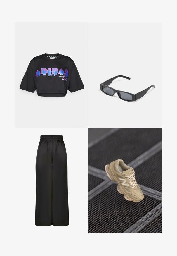 Mustlane eestlõikega t-särk kergest kangast, mille esiküljel on suured lillad ja sinised graafilised tekstid ning kujunduselemente, lühikeste varrukatega.; Mustad laiad püksid, mis on valmistatud siledast, läikivast kangast, millel on elastne vöökoht ja ilma nähtavate taskute või riistvara detailideta.; Bež spordijalatsid nailonist ja sametmaterjalist, tekstureeritud pealsed, ümar varvas, paks tall ja silmapaistev logo. Paelad sama värvi.; Mustad ristkülikukujulised prillid tumepruunide objektiividega ja paksude mattmustade raamidega. Raamide varred on veidi kitsenenud ja neil on sile tekstuur.