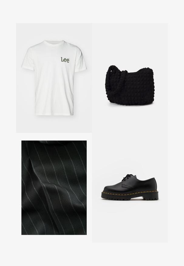 Witte katoenen t-shirt met korte mouwen en een ronde hals. Heeft een groen logo "Lee" op de linkerkant van de borst. Gladde textuur.; Zwarte stof met een visgraatpatroon en dunne witte strepen. De textuur lijkt glad met een subtiele diepte van de weving.; Zwarte leren veterschoen met een ronde neus, getextureerde rubberen zool en gele stiksels rond de basis. Plat ontwerp en een gladde afwerking.; Zwarte stoffen tas met een gestructureerd, gewatteerd patroon. Rondvormig, korte, dikke handvatten en een zachte, flexibele structuur.
