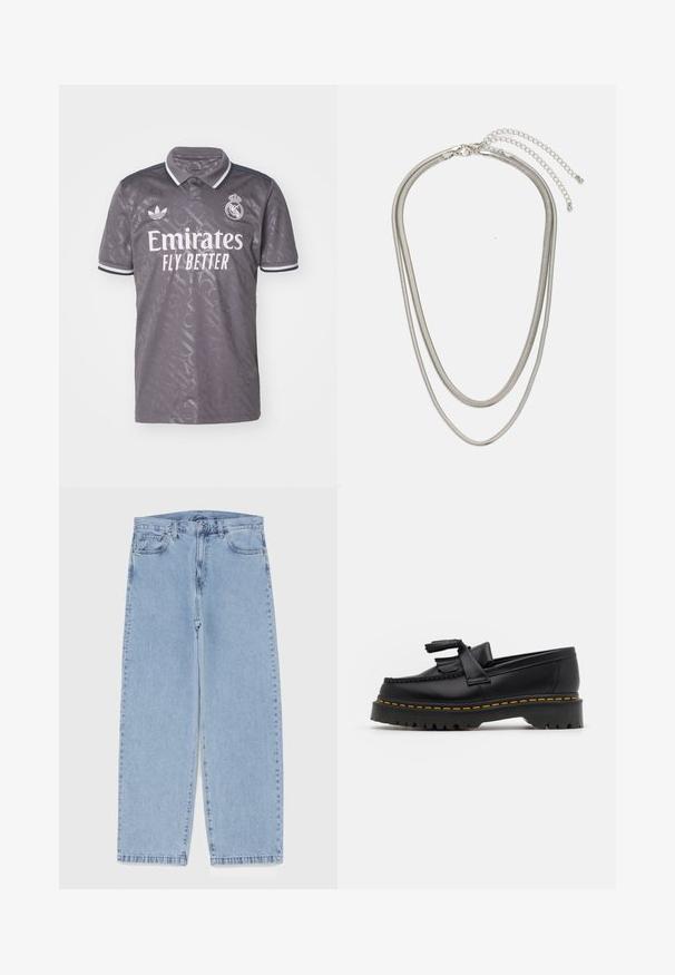 Grå fodboldtrøje med krave, der har hvid tekst "Emirates Fly Better", Adidas-logo og mønstrede teksturer.; Lyseblå denimjeans med straight leg-design, der har en mid-rise talje, fem lommer og en lukning med knap og lynlås.; Sort læderloafer med en frynsedetalje, der har en kraftig sort sål og gul syninger langs kanten. Teksturert overflade.; Tre-lags sølvmetal halskæde med slanke, flexible kæder med en let glans, sikret med en hummerlås og justerbar kæde.