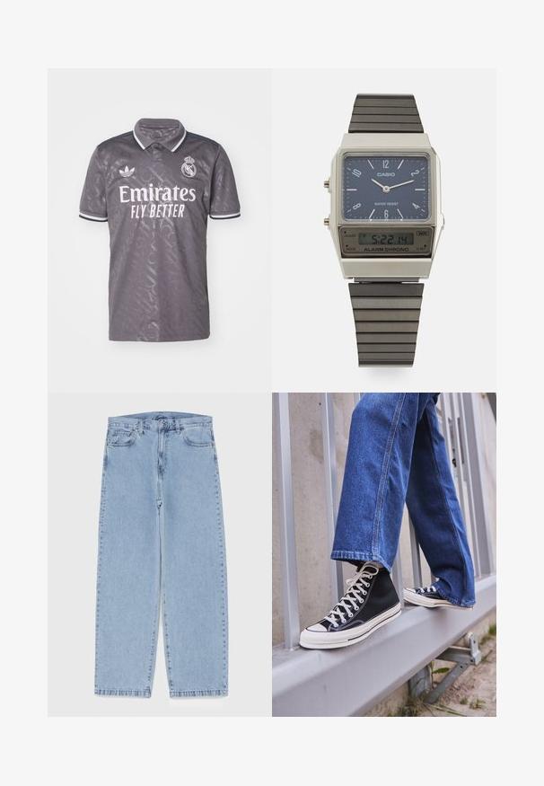 Šedý fotbalový dres s límečkem, se bílým textem "Emirates Fly Better", logem Adidas a vzorovanou texturou.; Světle modré džíny s rovnými nohavicemi, středním pasem, pěti kapsami a zapínáním na knoflík a zip.; Černé vysoké tenisky s bílou podrážkou a tkaničkami, v kombinaci s volnými modrými džíny, odpočívající na šedém zábradlí.; Digitální hodinky Casio s modrým ciferníkem, stříbrným pouzdrem a vrstveným černým gumovým remínkem. Zobrazuje čas a nastavení alarmu. Voděodolné.