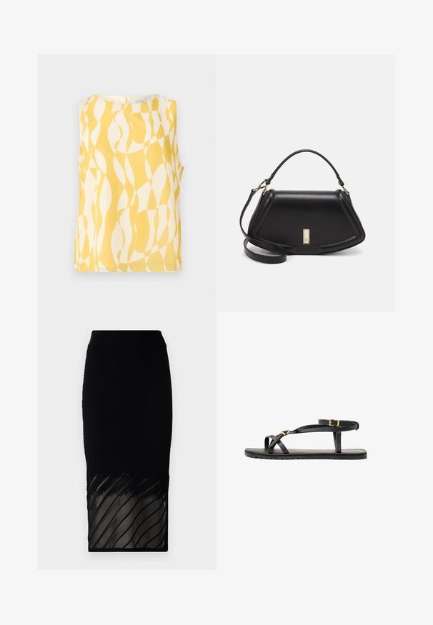 Sleeveless top in yellow and white with a wavy pattern. Made of lightweight fabric, featuring a round neck and a keyhole back closure.; Black skirt with a ribbed texture, featuring a sheer bottom with horizontal stripes. The design is fitted, extending to mid-calf length.; Black leather sandals with thin straps and a buckled ankle strap. Flat sole with a textured finish and zigzag edge. Minimalist design.; Black leather handbag with a structured design, featuring a cropped shape, top handle, and gold hardware accent. Adjustable shoulder strap included.