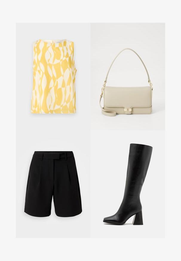 Sleeveless top in yellow and white with a wavy pattern. Made of lightweight fabric, featuring a round neck and a keyhole back closure.; Black tailored shorts, made of smooth fabric, featuring a high waist, pleats, belt loops, and side pockets, with a clean-cut design.; Black knee-high boot made of smooth leather, featuring a square toe and a chunky, textured heel. Simple and streamlined design.; Beige leather handbag with a structured shape, gold hardware clasp, and a detachable shoulder strap. Smooth texture and minimalistic design.