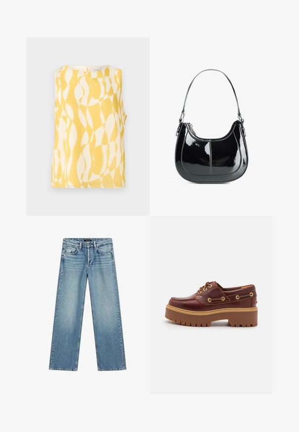 Haut sans manches jaune et blanc avec un motif ondulé. Fabriqué en tissu léger, avec un col rond et une fermeture arrière en forme de trou de serrure.; Jean large à jambes larges bleu clair en denim. Comprend cinq poches, une fermeture par bouton, et un léger délavage créant un aspect texturé.; Chaussure bateau en cuir marron avec une semelle en caoutchouc marron épaisse, œillets dorés et coutures contrastantes. Présente un logo sur le côté.; Sac à main en cuir verni noir avec un design courbé, fermeture zippée et une seule bandoulière avec des quincailleries en ton argent et des accents de couture.