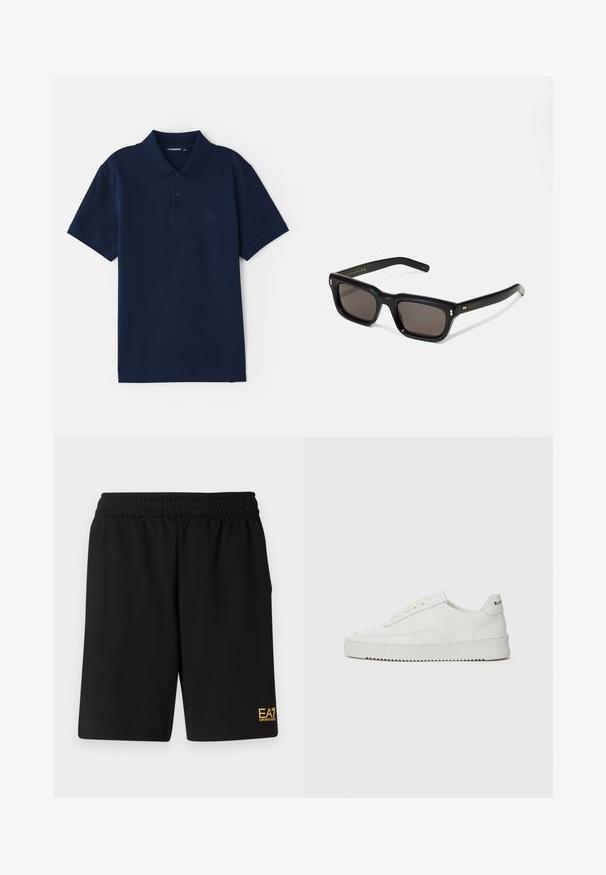 Tamsiai mėlynas polo marškinėliai pagaminti iš medvilnės mišinio, su klasikiniu apykakle, trijų mygtukų užtrauktuku ir trumpomis rankovėmis. Diskretiškas logotipas ant krūtinės.; Juoda sportinė šortai, pagaminti iš minkštos medžiagos, su elastingu diržu ir maža geltona EA7 logo apatinėje kairėje kojoje.; Balti odiniai sportiniai bateliai su lygia apdaila, apvaliu pirštu, plokščiais raišteliais ir tekstūruotu padu. Pasižymi subtiliu logotipu ant kulno.; Juodos stačiakampės akinių nuo saulės su tamsiais objektyvais, storu plastiko rėmu, auksinėmis detalėmis ant šventyklų ir prekės ženklo logotipu išgraviruotu ant šono.