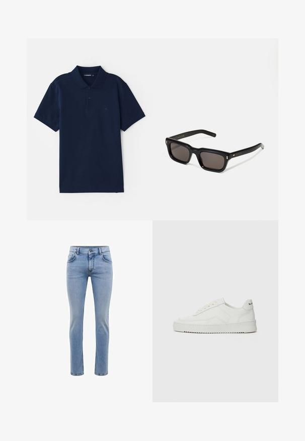 Marinblå pikétröja i bomullsblandning, med klassisk krage, knappslå med tre knappar och korta ärmar. Diskret logotyp på bröstet.; Ljusblå denimjeans med slim fit, fem fickor och rak bendesign. Har dragkedja och bälteshällor. Mjuk textur.; Vita lädersneakers med en jämn yta, rund tå, platta snörningar och en strukturerad sula. Har en diskret logotyp på hälen.; Svarta rektangulära solglasögon med mörka linser, tjock plastbåge, guldfinish på skalmarna och varumärkeslogotyp graverad på armen.