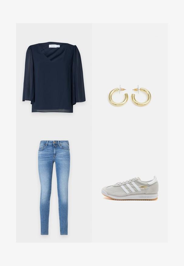 Tamsiai mėlyna bluzelė su V formos iškirpte, trumpomis pūstomis rankovėmis ir lengvu audiniu. Iki bluzelės pridedama lygi tekstūra ir laisvas siluetas.; Lieknas, šviesiai mėlynas džinsinis kelnes, vidutinio aukščio juosmuo, priekinis mygtukas ir penkių kišenių dizainas.; Šviesiai pilki sportbačiai, pagaminti iš zomšos ir tinklinės medžiagos, su trimis baltais dryžiais, apvaliu pirštu ir guma padu. Auksinė logotipo detalė šalia raištelių.; Aukso auskarai su lygiu, blizgiu paviršiumi. Apvalus dizainas su maža užrakto dalimi ir skaidria atrama saugiam nešiojimui.